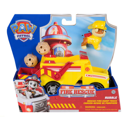 Paw Patrol Rubble's Rescue Fire Dump Truck toy, yellow truck with crane, red siren top, and Rubble figure in yellow gear, plus boulders in packaging