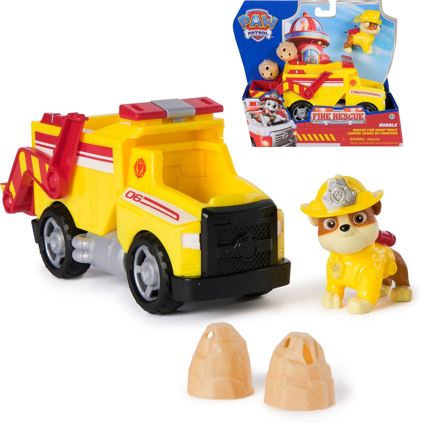 Paw Patrol Rubble Fire Rescue toy set: yellow dump truck, Rubble figure in firefighter helmet, and two small tan rock accessories