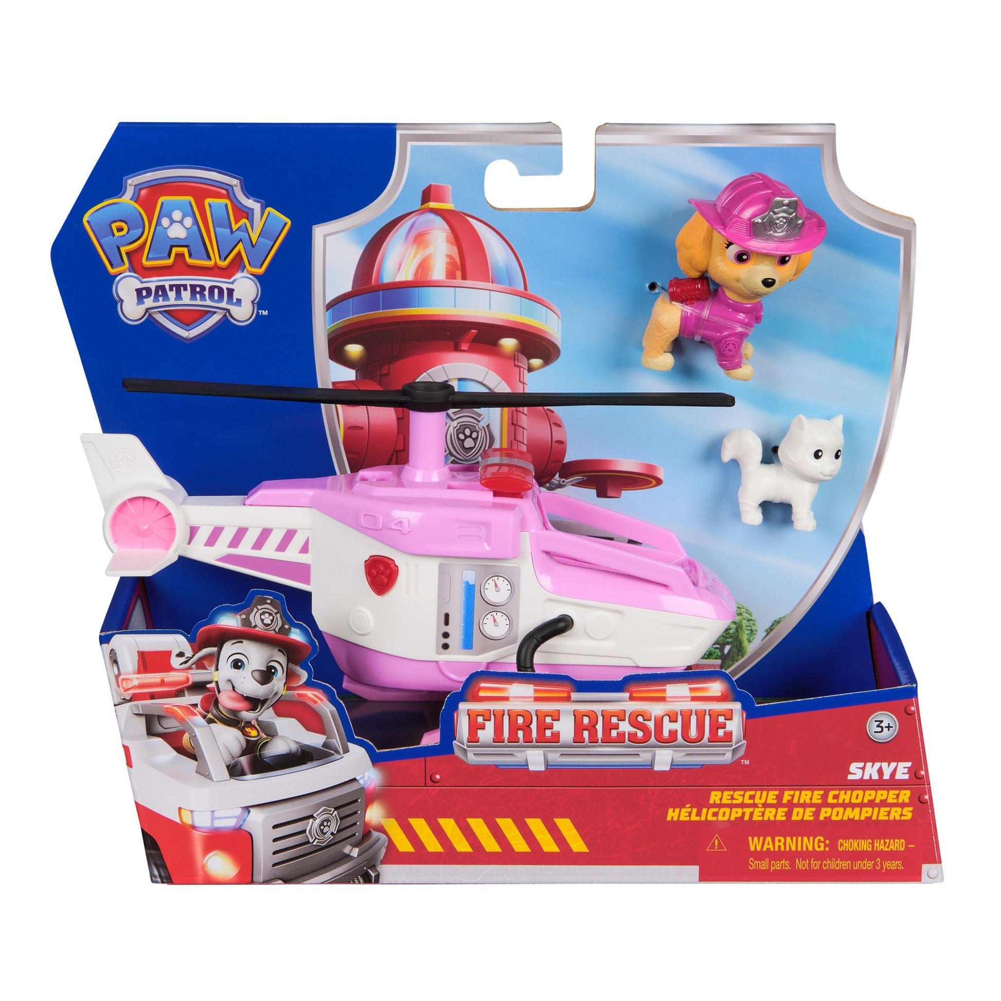 Paw Patrol Skye Rescue Fire Chopper toy set in packaging, featuring a pink helicopter, Skye puppy figure in pink firefighter gear, and a white cat