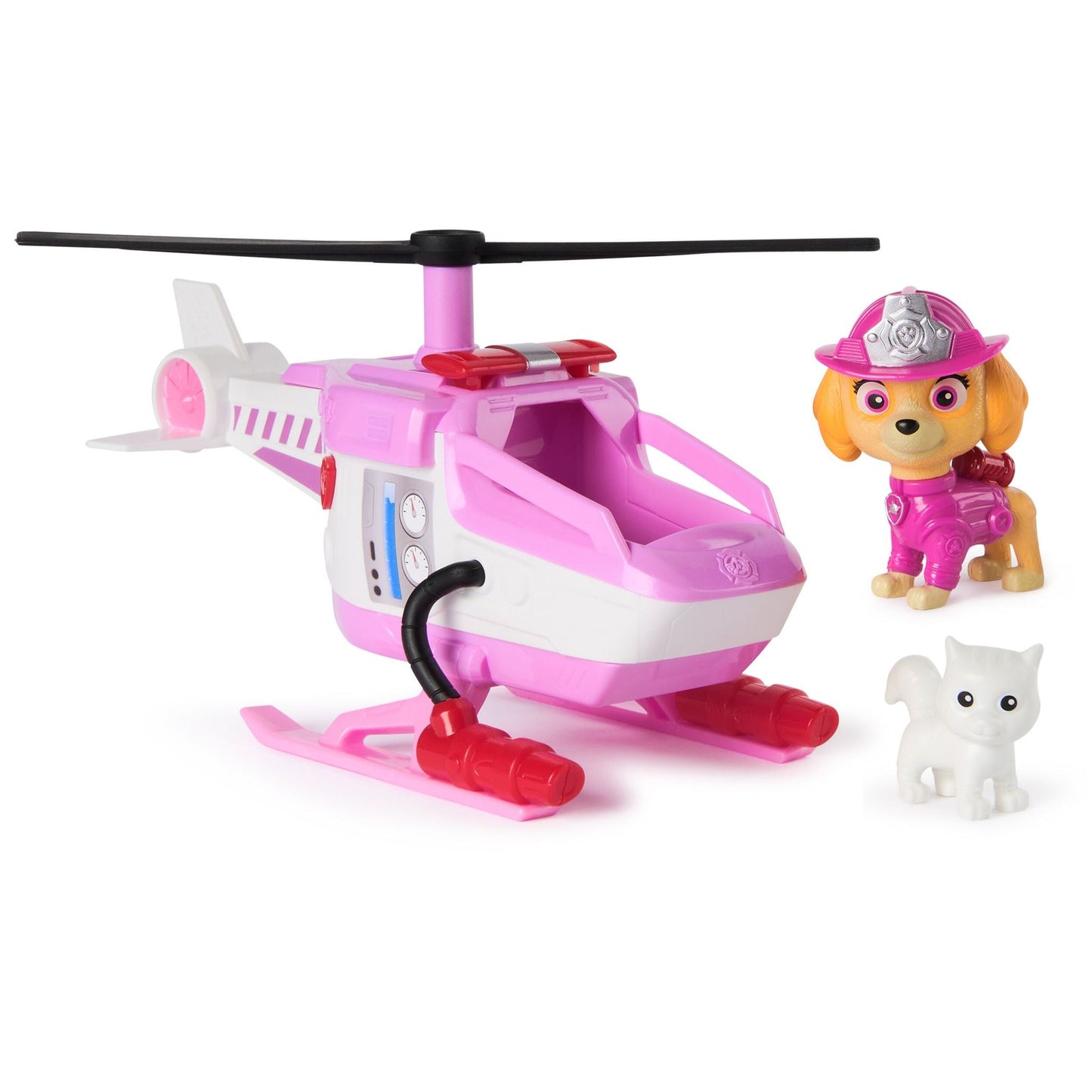 Paw Patrol Skye's pink helicopter toy with water cannon, a Skye figure in a pink uniform and hat, and a small white cat figure