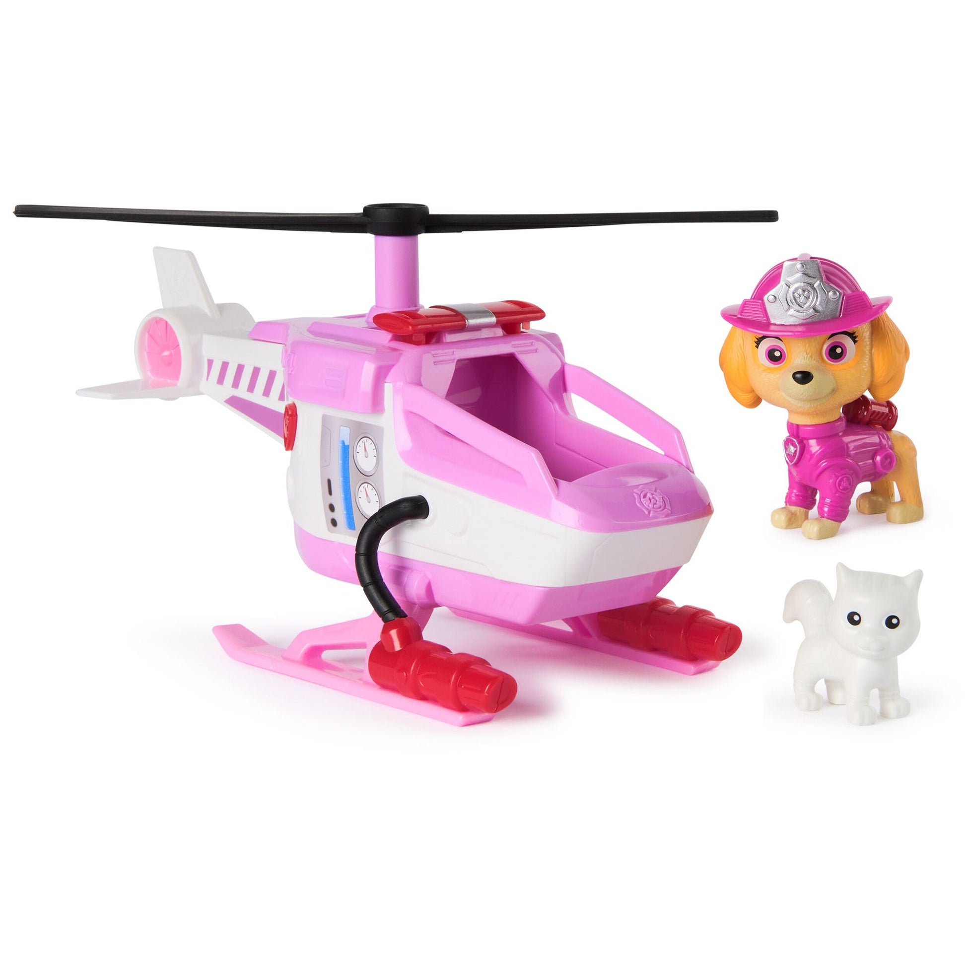 Paw Patrol Skye's pink helicopter toy with water cannon, a Skye figure in a pink uniform and hat, and a small white cat figure
