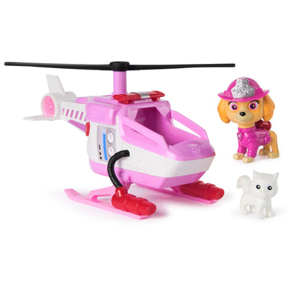 Paw Patrol Skye's pink helicopter toy with water cannon, a Skye figure in a pink uniform and hat, and a small white cat figure