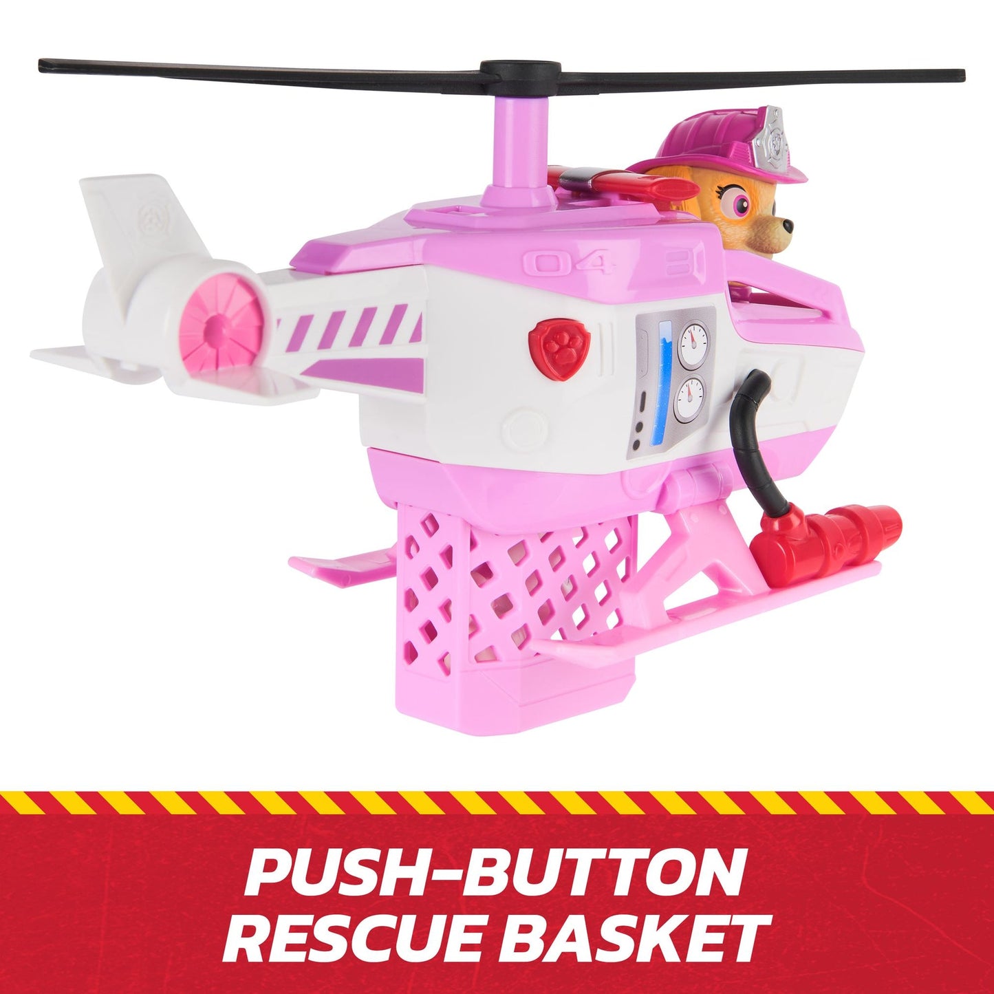 Skye (Paw Patrol) toy in a pink & white helicopter with black rotors, under-slung rescue basket, and red fire extinguisher