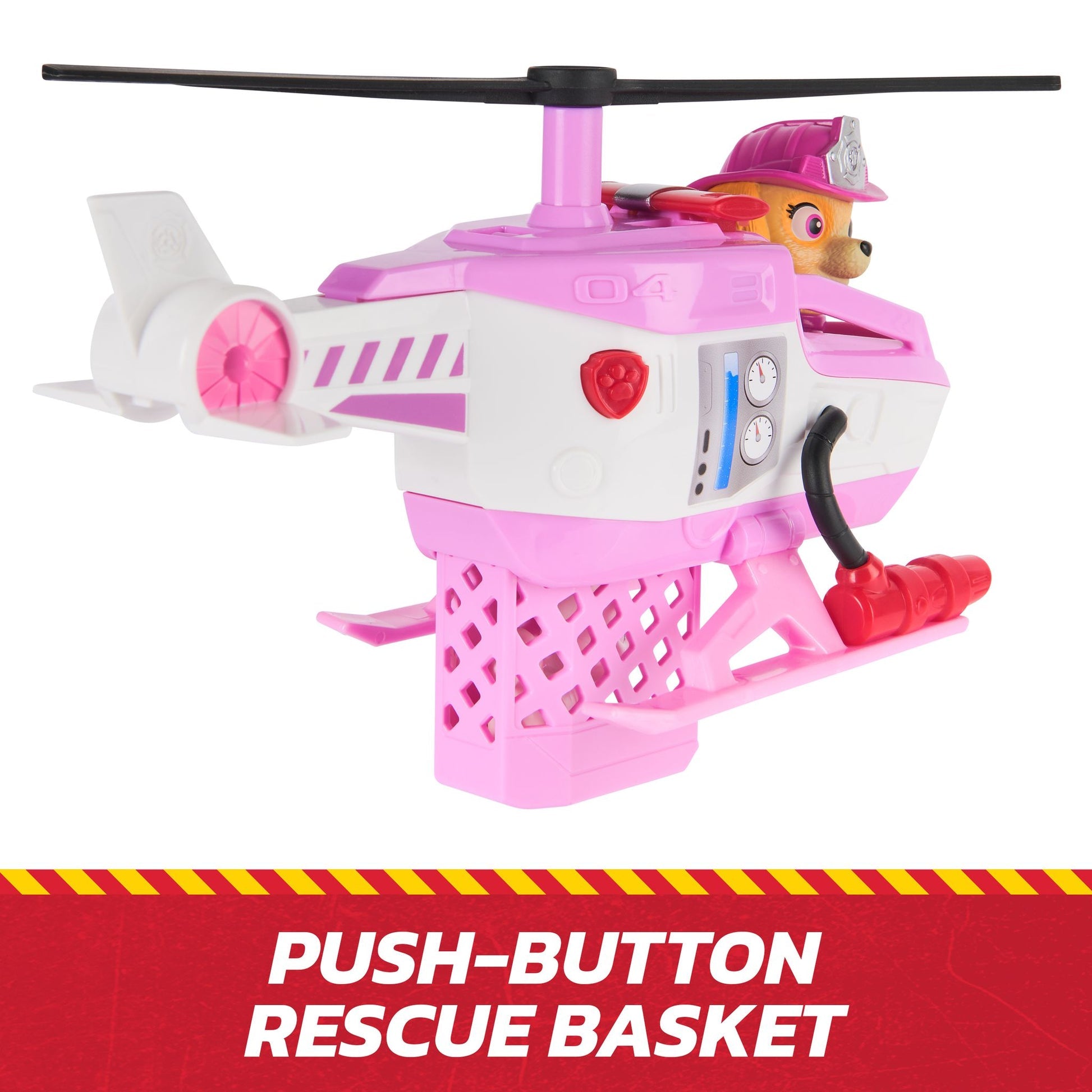 Skye (Paw Patrol) toy in a pink & white helicopter with black rotors, under-slung rescue basket, and red fire extinguisher