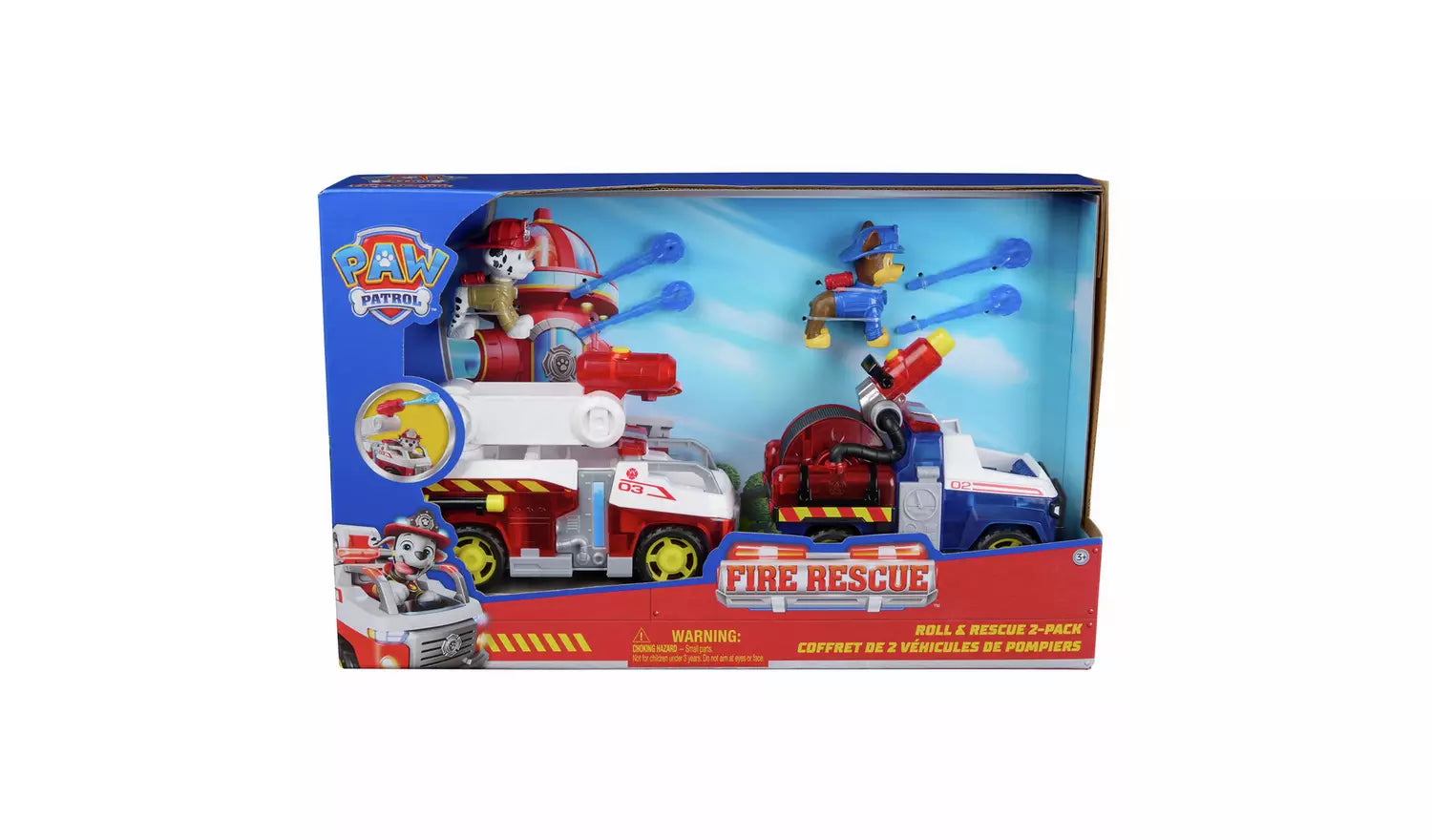 Paw Patrol Fire Rescue 2-pack featuring Marshall in a red fire truck and Chase in a blue rescue vehicle, both launching blue water streams