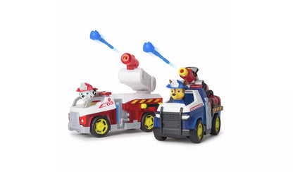 Paw Patrol Marshall fire engine and Chase police car toys shooting blue darts on a white background