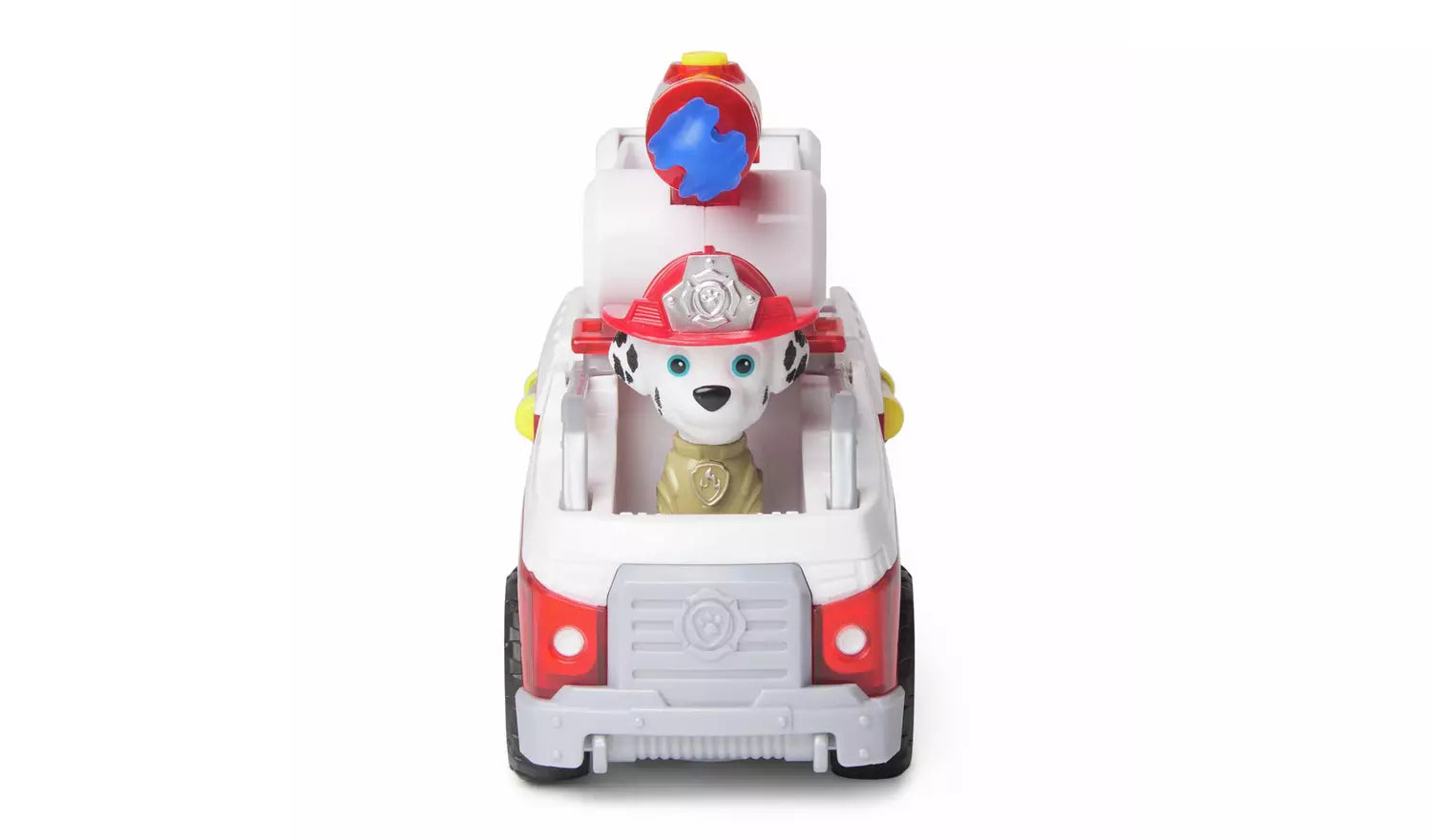 Paw Patrol Marshall Dalmatian toy in his red and white fire truck with a red fire helmet and blue water cannon