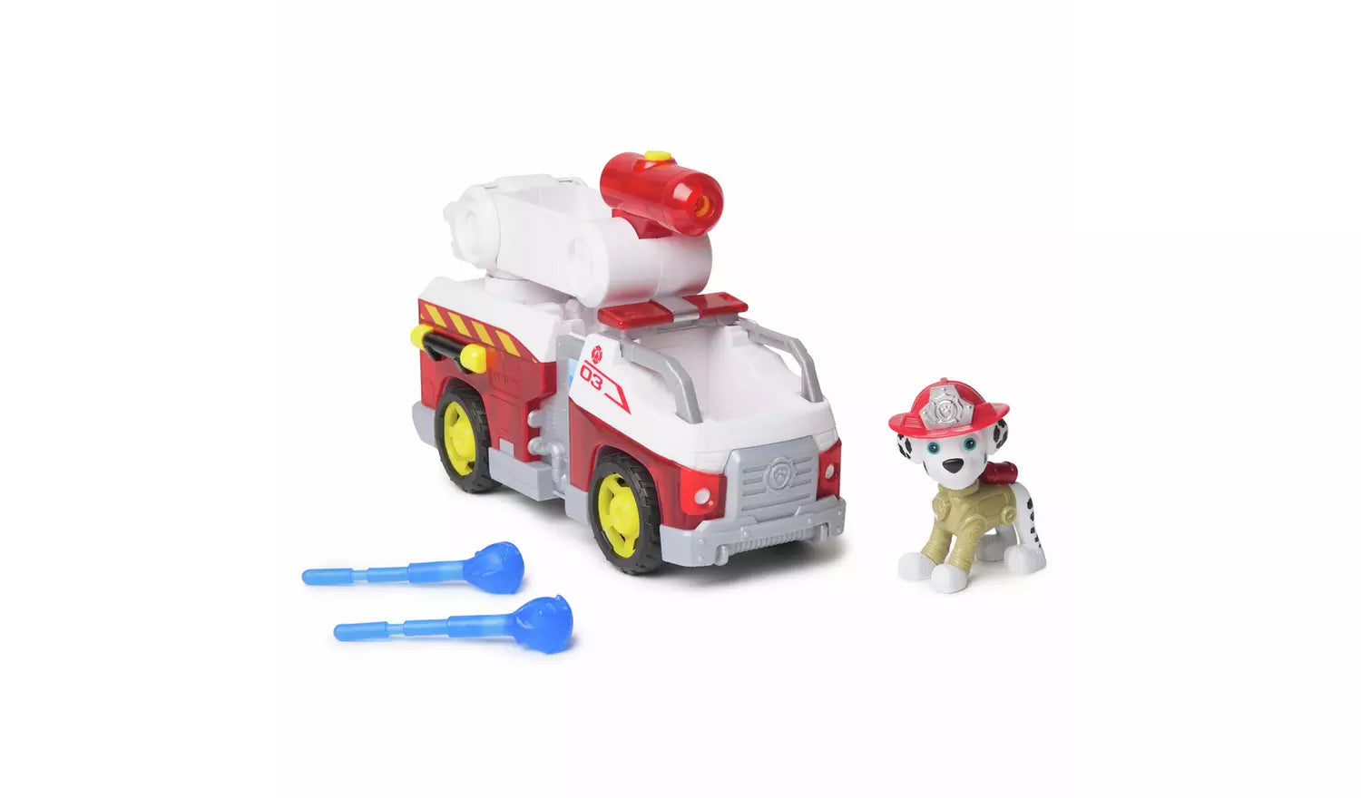 Paw Patrol Marshall toy figure and his red and white fire truck with water cannon and two blue projectiles