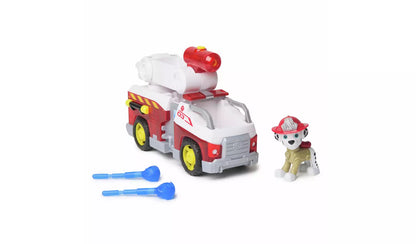 Paw Patrol Marshall toy figure and his red and white fire truck with water cannon and two blue projectiles