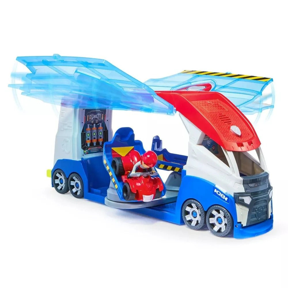 Blue and white toy truck playset with clear spinning propellers, carrying a red go-kart and figure on a rotating platform