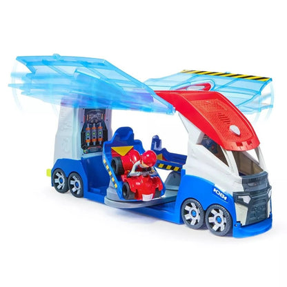 Blue and white toy truck playset with clear spinning propellers, carrying a red go-kart and figure on a rotating platform