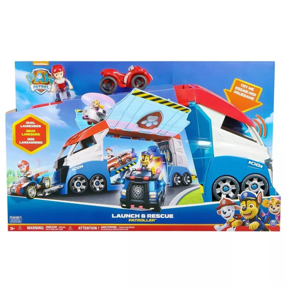 PAW Patrol Launch & Rescue Patroller playset box, showing a large blue and white truck transforming into a command center with vehicles and pups like Chase & Ryder