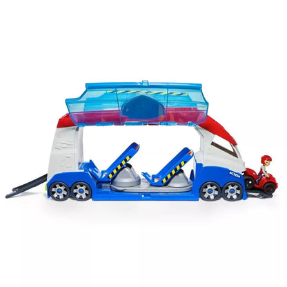 Paw Patrol transforming truck toy: blue, red, white vehicle, open cargo, two launch seats, Ryder on red ATV