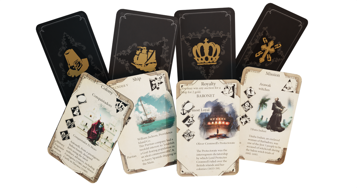 Close-up of cards from Pax Hispanica Deluxe Edition showing detailed illustrations and text