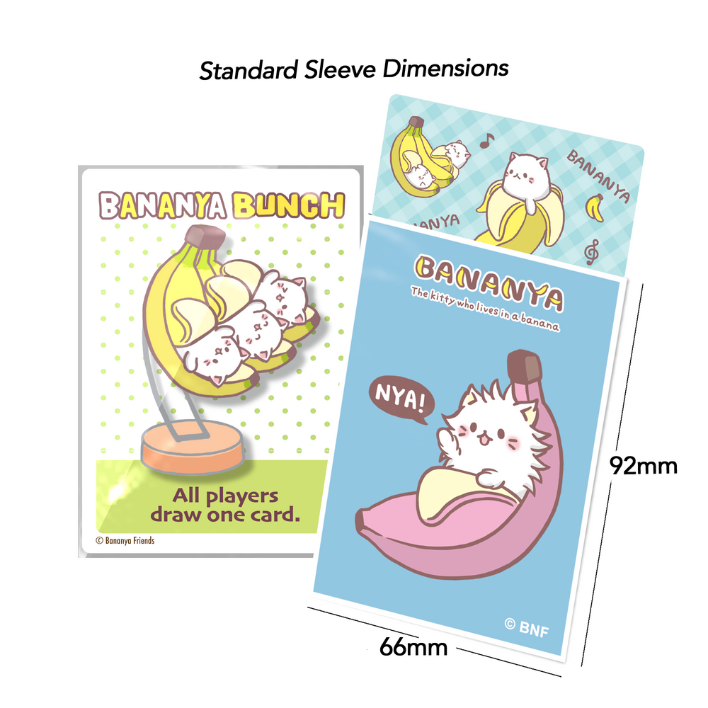 Bananya trading cards displaying standard sleeve dimensions: 66mm wide by 92mm tall