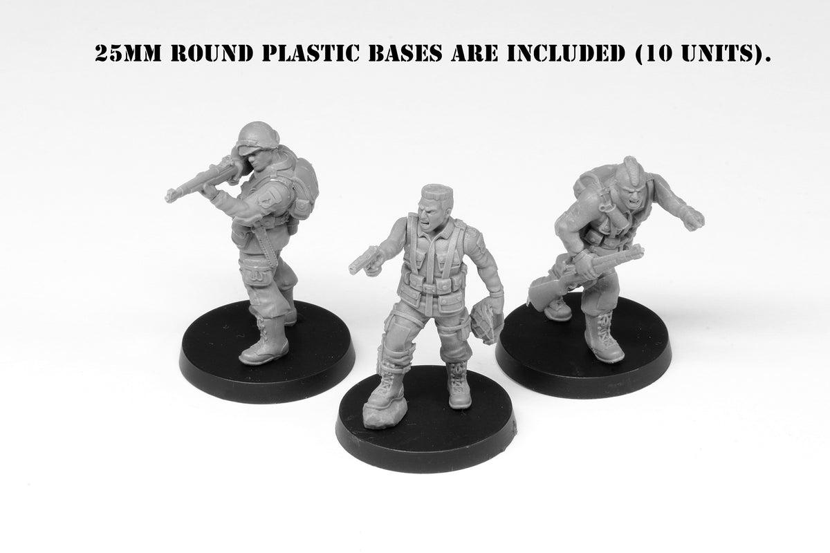 Three gray plastic military miniatures with weapons on black bases