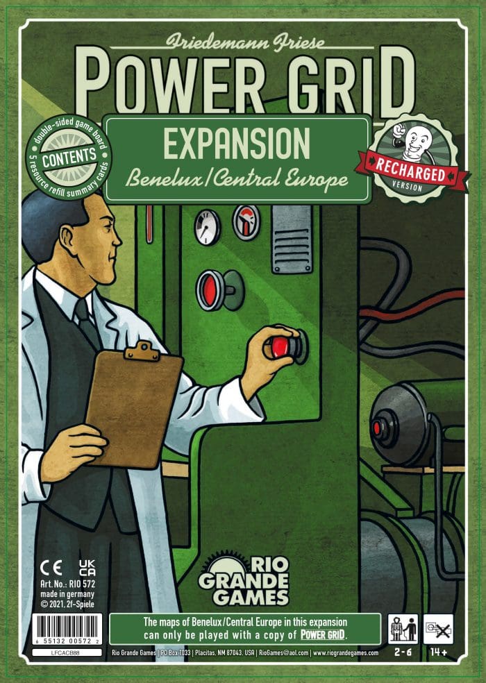 Power Grid: Benelux / Central Europe Expansion cover, man in lab coat pushes red button on control panel