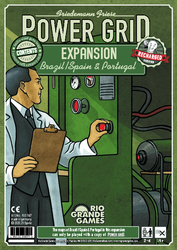 Power Grid: Brazil / Spain &amp; Portugal Expansion cover, man in lab coat pushes a red button on a large green machine