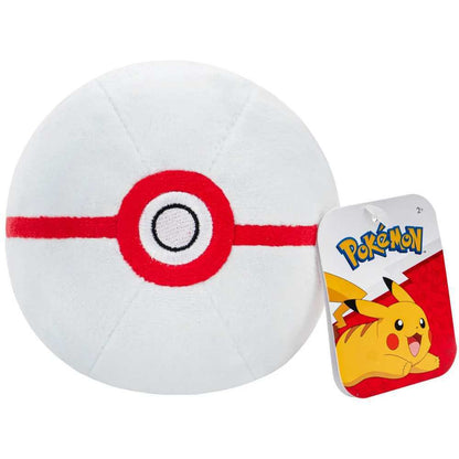 Plush Pokemon Great Ball toy, white and red with an attached hang tag featuring Pikachu