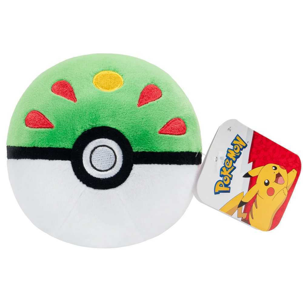 Specialty green and white plush Poke Ball toy with red markings, featuring an attached Pokemon logo tag