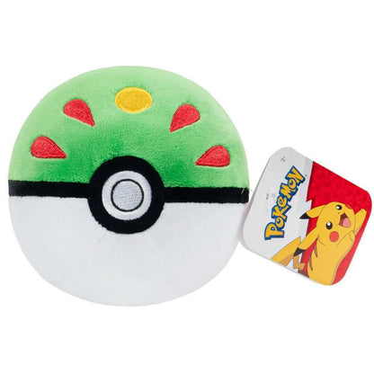 Specialty green and white plush Poke Ball toy with red markings, featuring an attached Pokemon logo tag