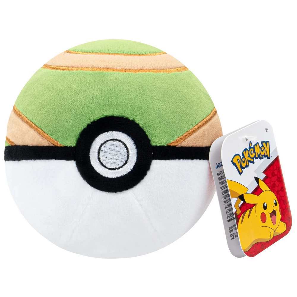 Green, tan and white Pokemon Safari Ball plush toy with attached Pikachu retail tag