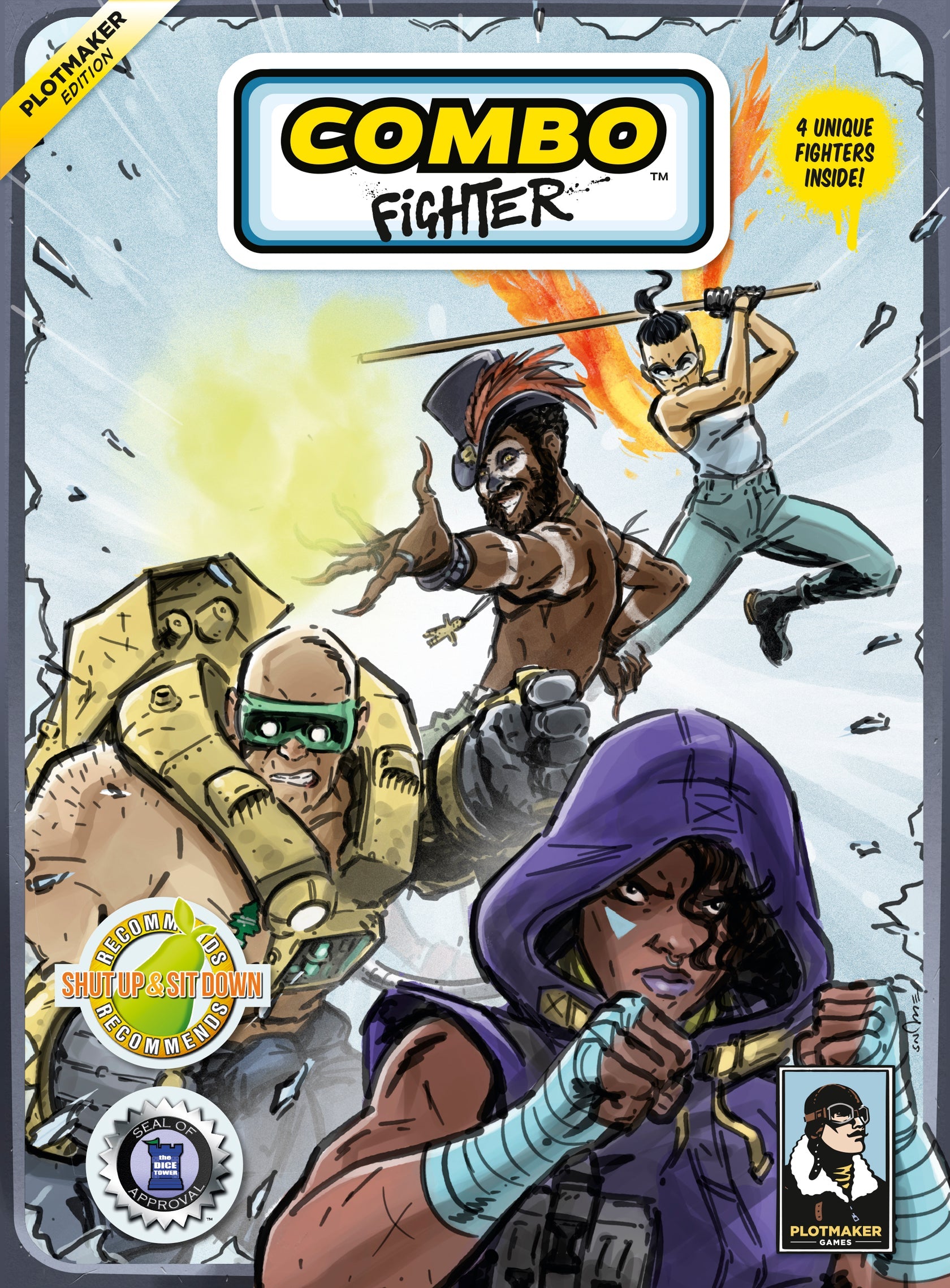 Cover art for "Combo Fighter" featuring four diverse characters in dynamic fighting poses with shattered glass and energy effects