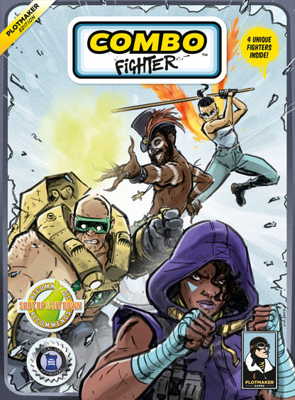 Cover art for "Combo Fighter" featuring four diverse characters in dynamic fighting poses with shattered glass and energy effects