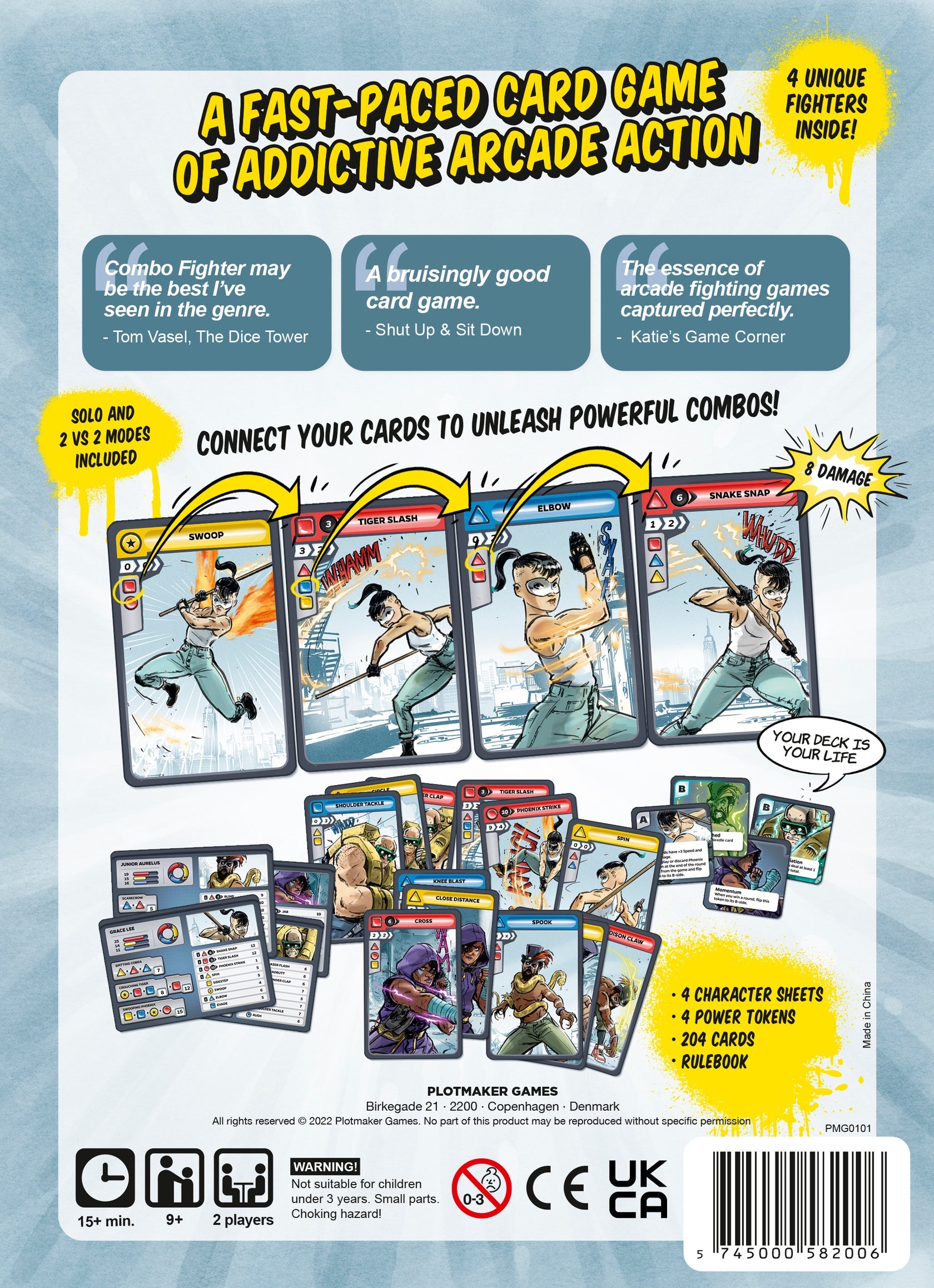 Arcade-style fighting card game box back, illustrating a character performing a four-card attack combo