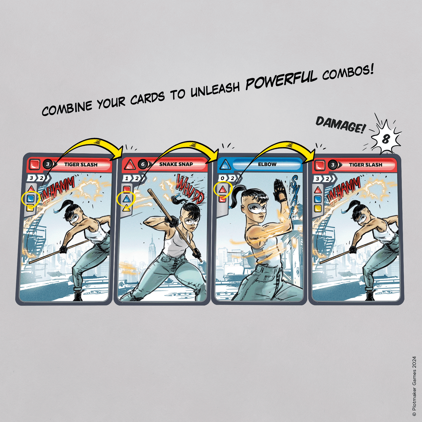 Four illustrated combat cards showing a combo sequence (Tiger Slash, Snake Snap, Elbow) resulting in 8 damage