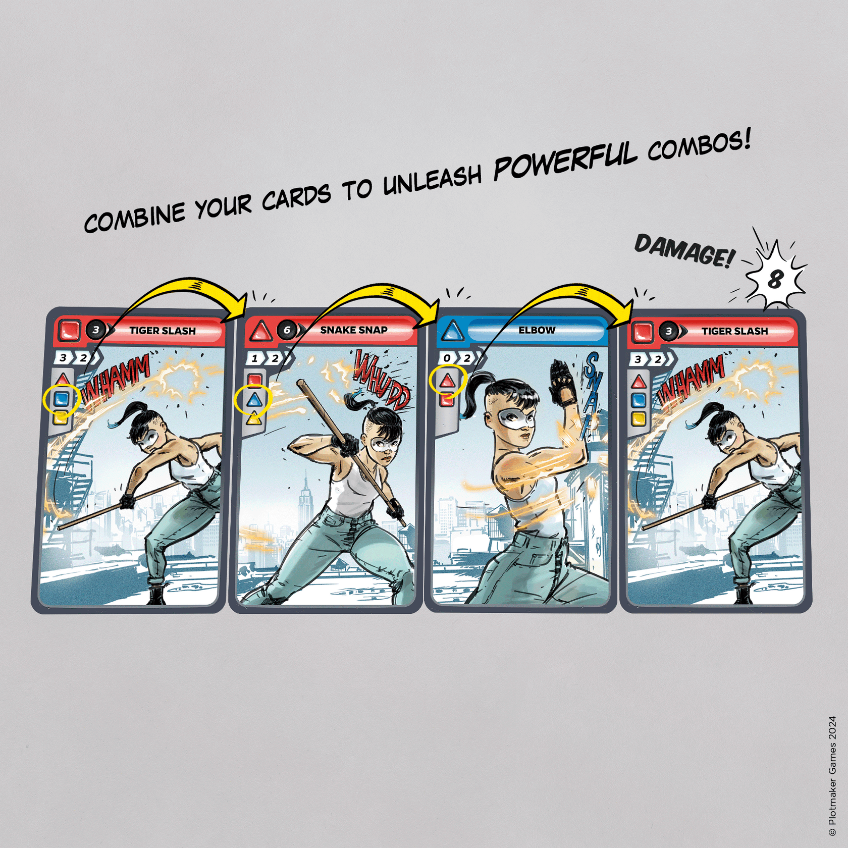 Four illustrated combat cards showing a combo sequence (Tiger Slash, Snake Snap, Elbow) resulting in 8 damage