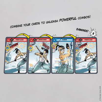 Four illustrated combat cards showing a combo sequence (Tiger Slash, Snake Snap, Elbow) resulting in 8 damage