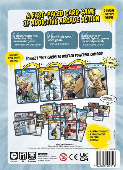 Arcade action card game box art showing four illustrated combat cards forming a powerful combo sequence