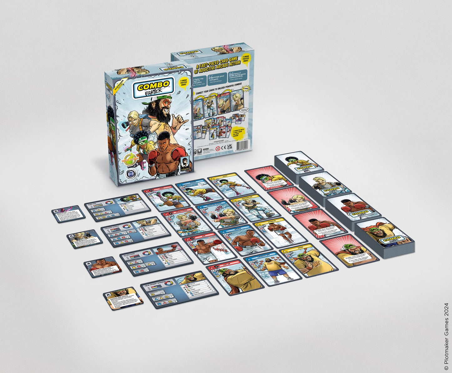 Combo Fighter card game box and numerous colorful character and action cards laid out for display