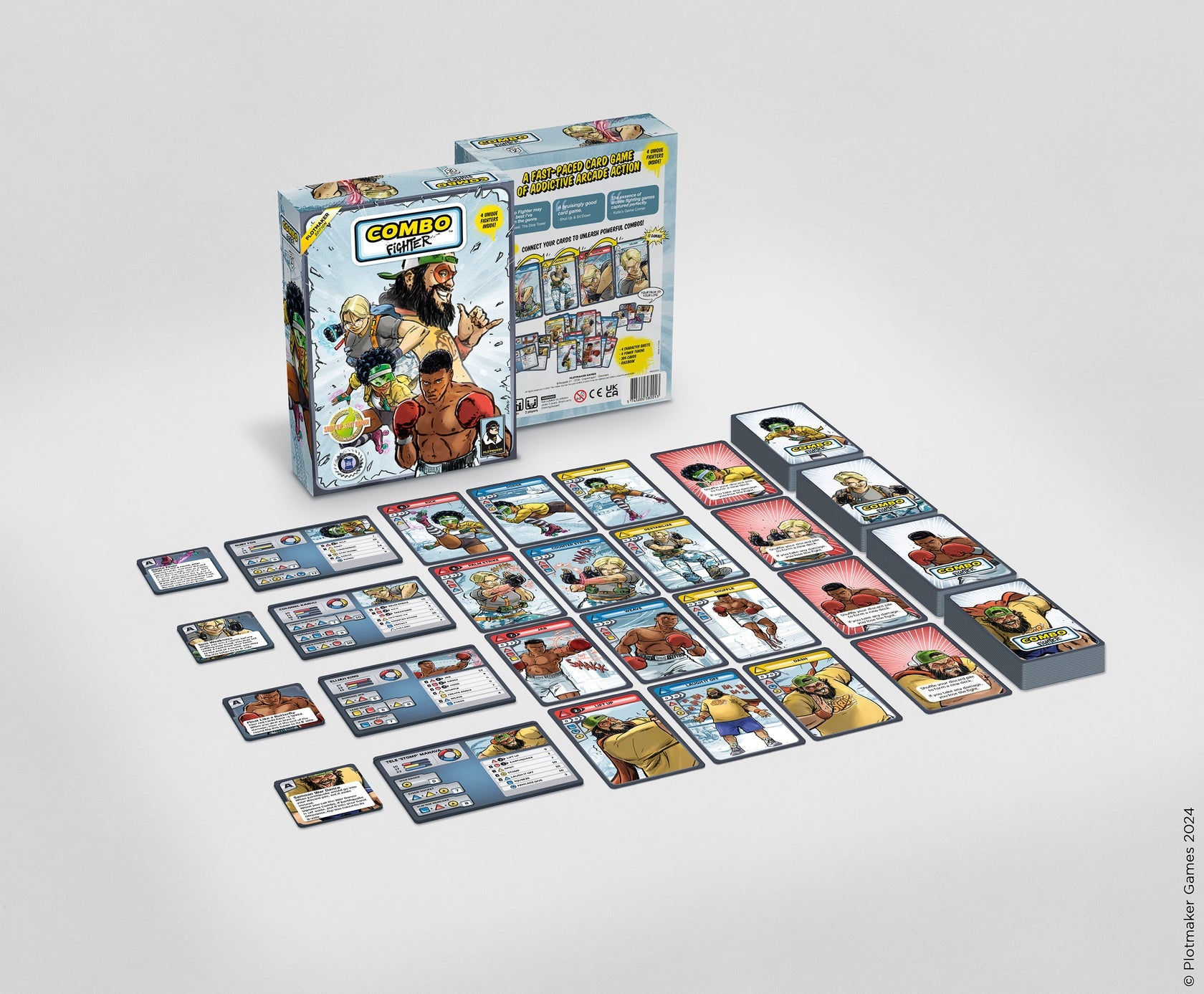 Combo Fighter card game box and numerous colorful character and action cards laid out for display