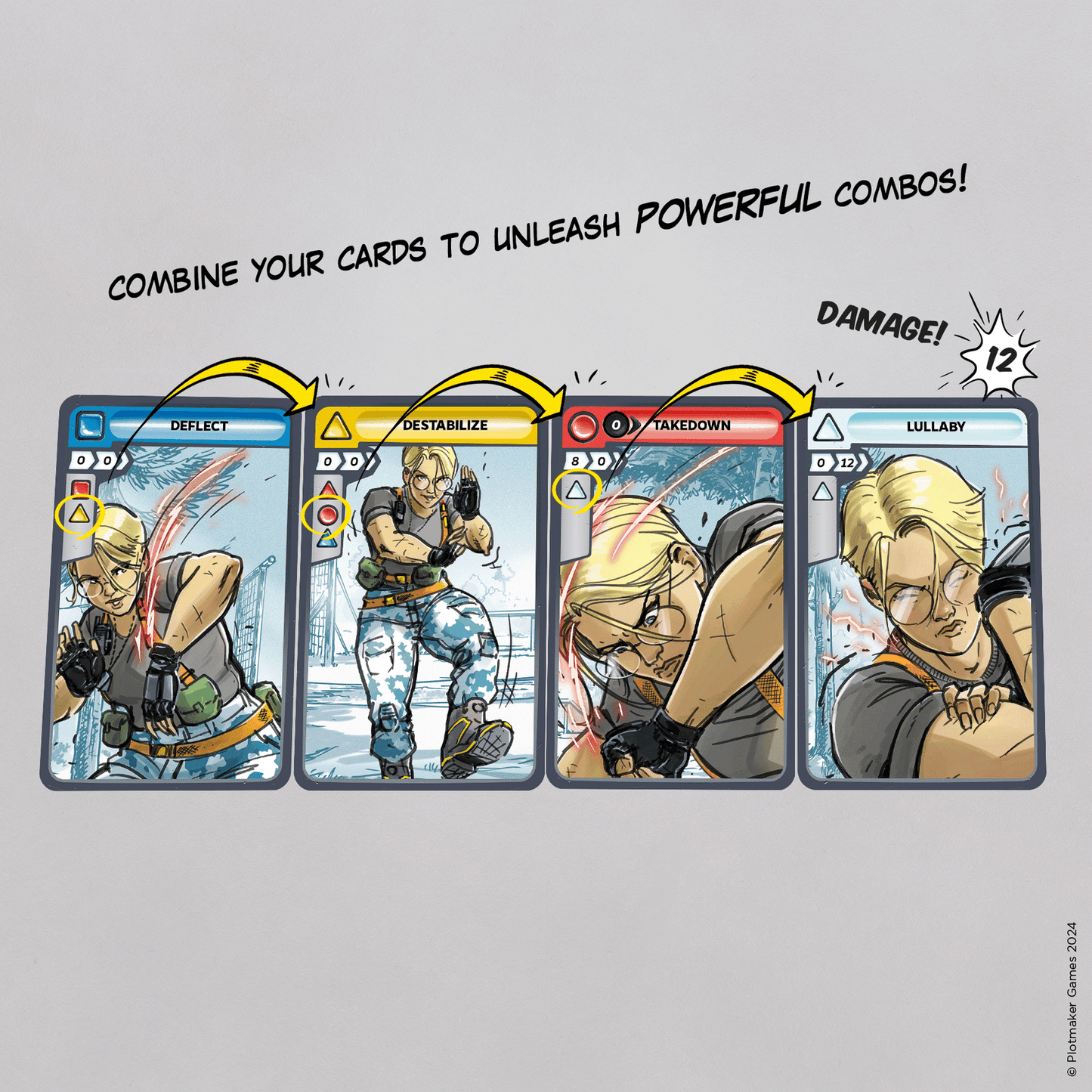 Four trading cards showing a four-step combat combo (Deflect, Destabilize, Takedown, Lullaby) linked by arrows, dealing 12 damage