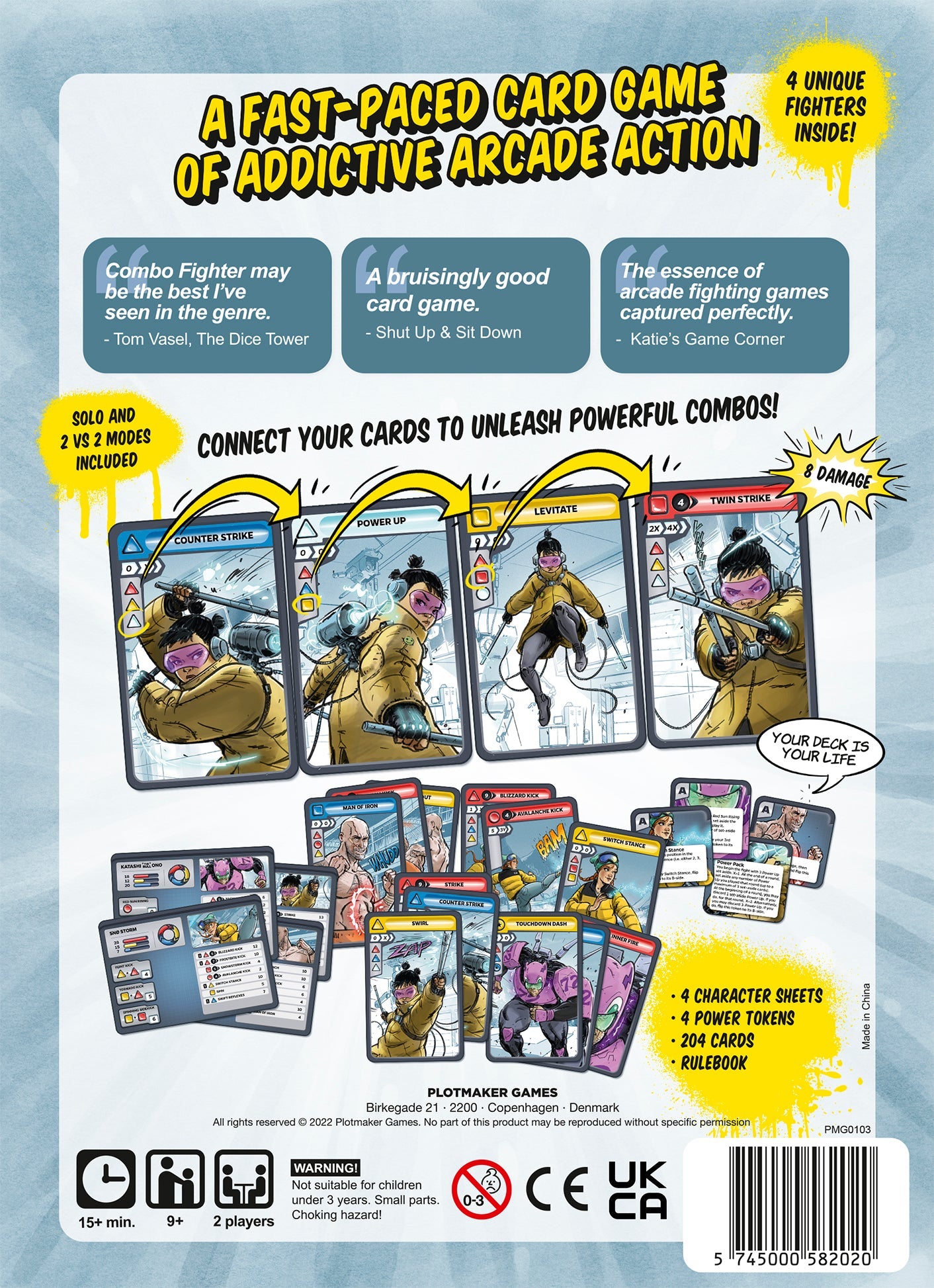 Back of a card game box showing four illustrated fighting cards connected by arrows to form a powerful combo