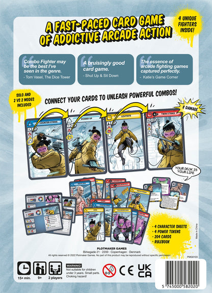 Back of a card game box showing four illustrated fighting cards connected by arrows to form a powerful combo