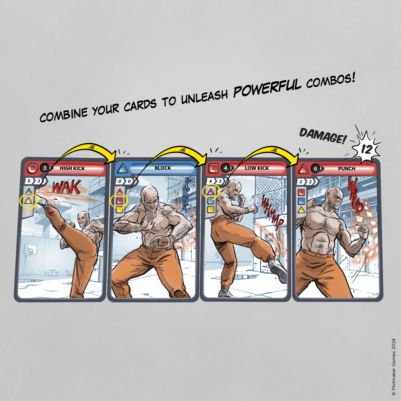 Illustrated combo sequence across four game cards: High Kick, Block, Low Kick, and Punch, resulting in 12 Damage