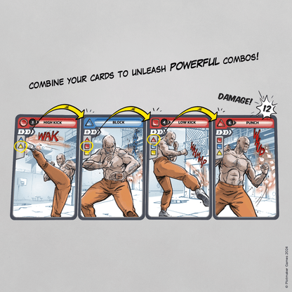 Illustrated combo sequence across four game cards: High Kick, Block, Low Kick, and Punch, resulting in 12 Damage