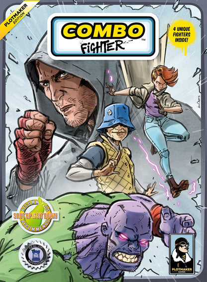 Combo Fighter game box art featuring four stylized fighting characters: a hooded man, a woman, a martial artist, and a purple giant