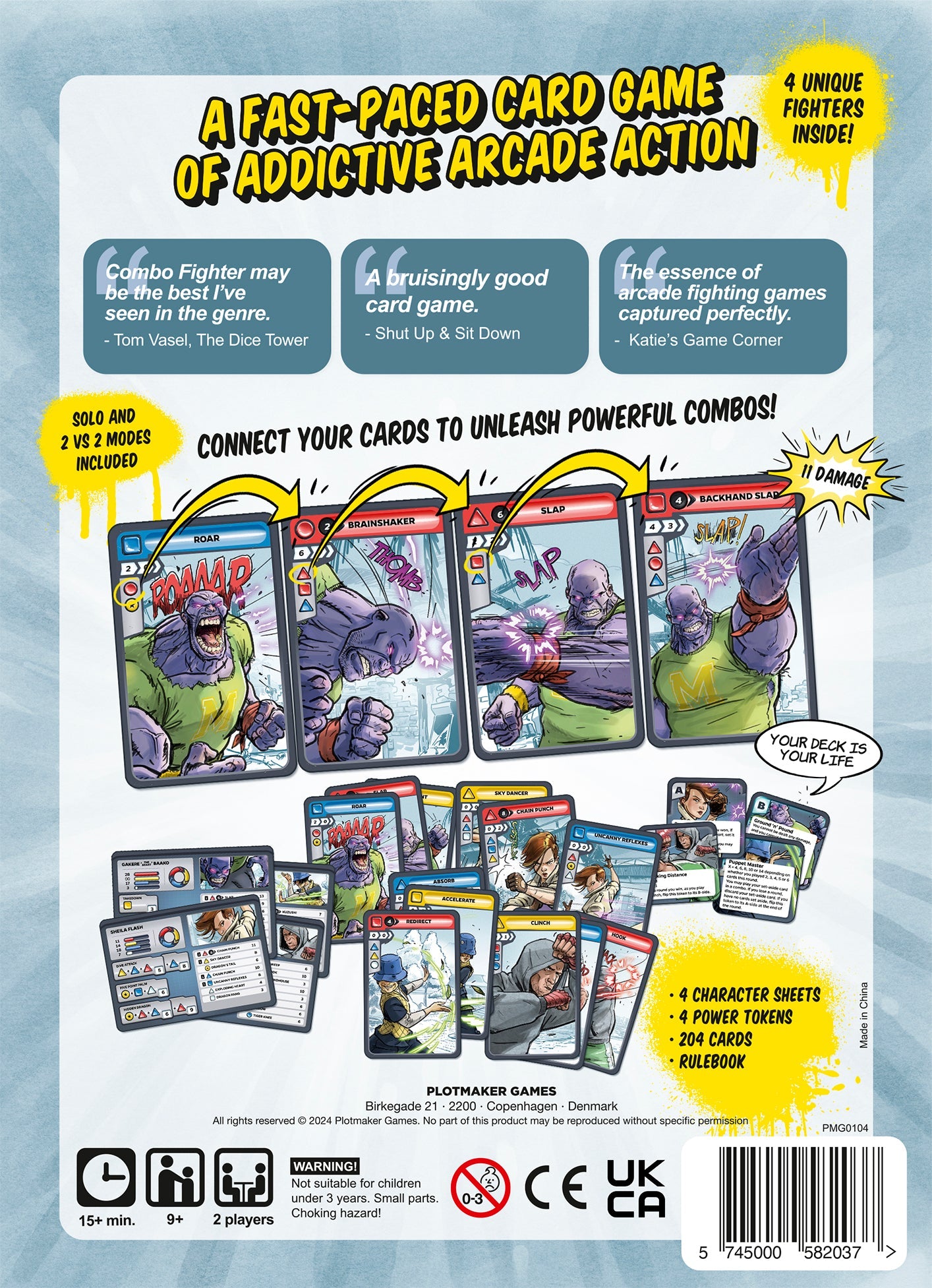 Ad for Combo Fighter card game, highlighting sequential illustrated character cards depicting a powerful combat combo