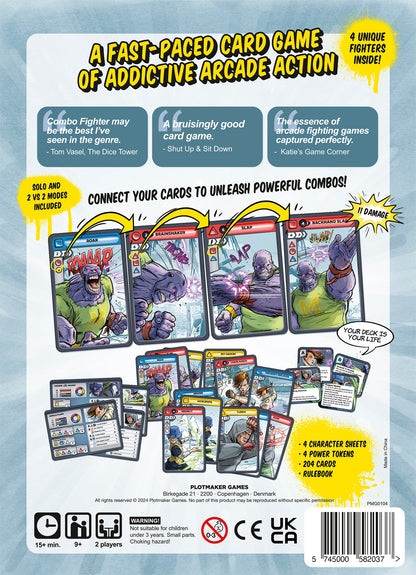 Ad for Combo Fighter card game, highlighting sequential illustrated character cards depicting a powerful combat combo