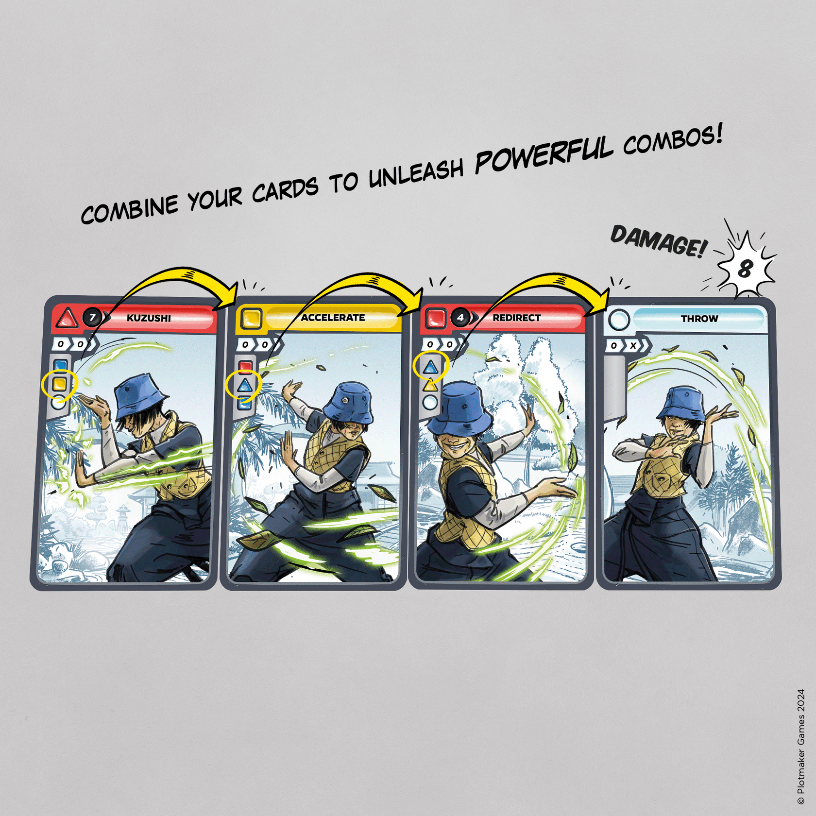 Four game cards showing a combo move sequence: Kuzushi, Accelerate, Redirect, Throw, connected by arrows, dealing 8 damage