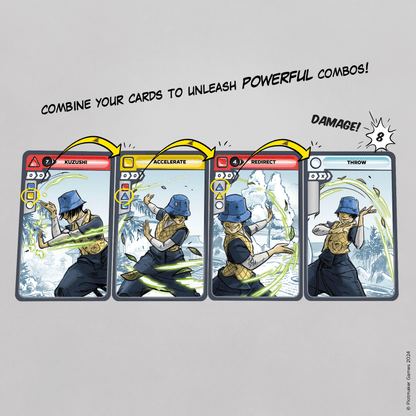 Four game cards showing a combo move sequence: Kuzushi, Accelerate, Redirect, Throw, connected by arrows, dealing 8 damage