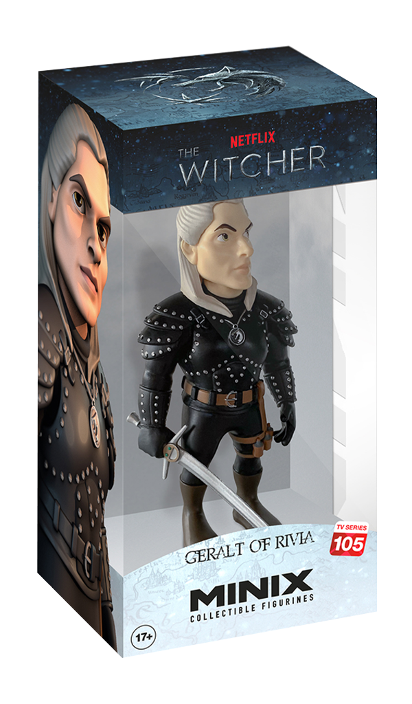 Front view of Geralt Minix figure with white hair and sword