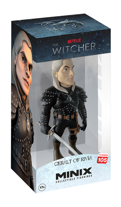 Front view of Geralt Minix figure with white hair and sword