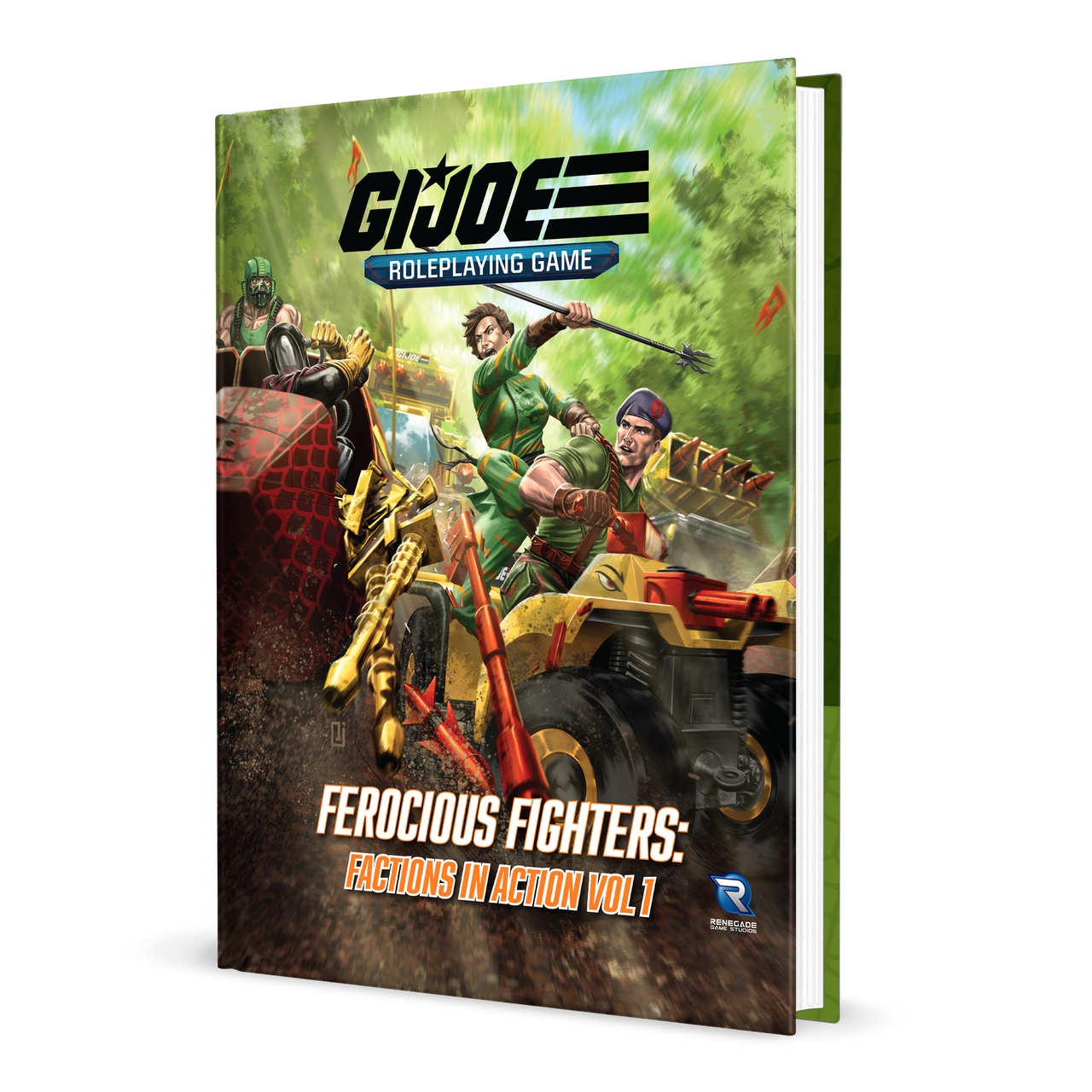 G.I. JOE Roleplaying Game: Ferocious Fighters book cover. Dynamic scene with characters on a yellow combat vehicle