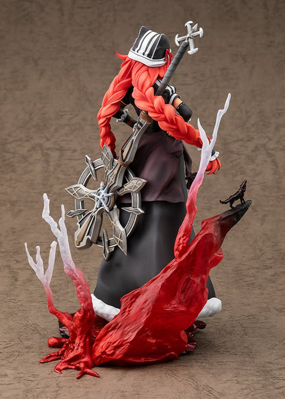 Anime priestess-like figure with red braids, staff, and shield, standing on a dynamic red and white magical base with a wolf