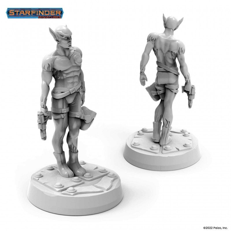 Two unpainted gray Starfinder Ryphorian Skyfire Pilot miniatures of a pointed-eared male, front and back, holding futuristic pistols